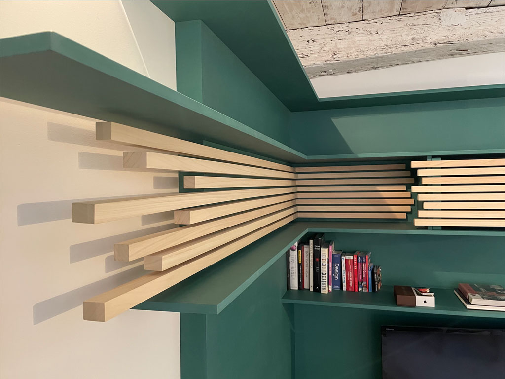 agencement design bois couleur verte étagère bureau la Rochelle